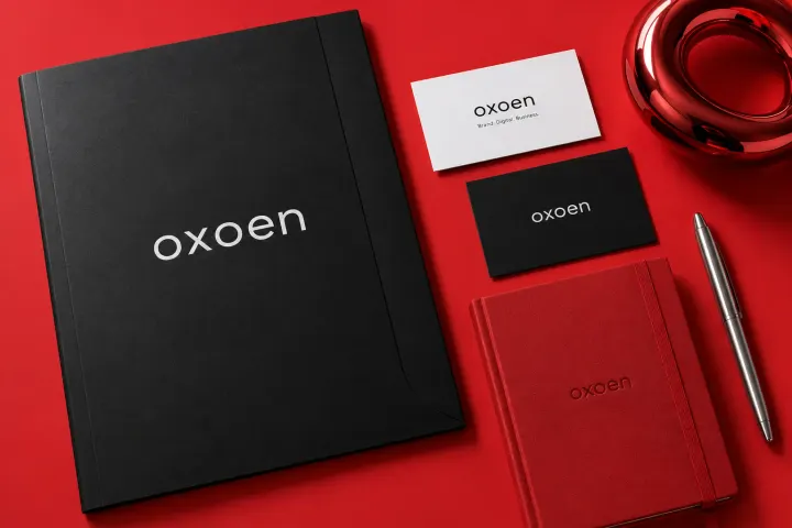 Oxoen red and black brand identity materials